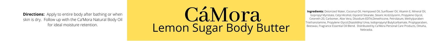 Lemon Sugar body butter label with ingredients and directions.