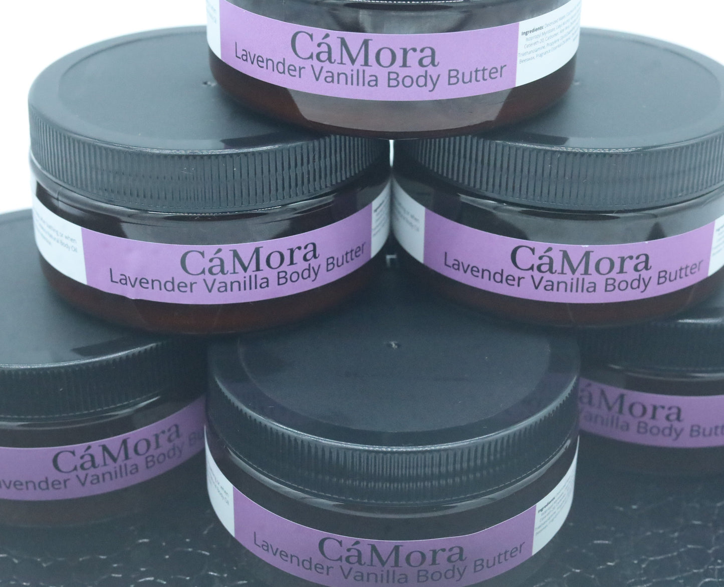 Lavender body butter, multiple container collage.