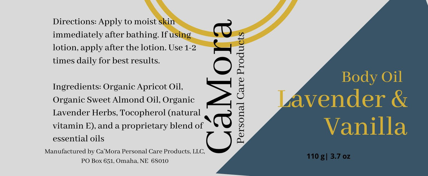 Lavender vanilla organic body oil product label including directions and ingredients.