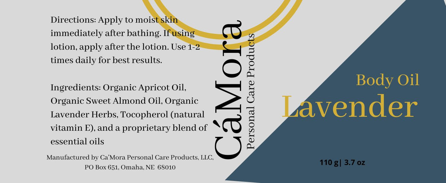 Organic lavender body oil product label with ingredients and directions.