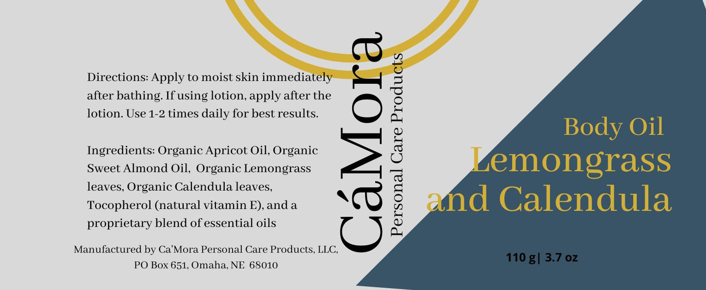 Lemongrass and calendula organic body oil product label including ingredients and directions.