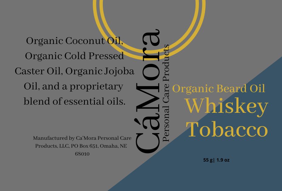 Ca'Mora Whiskey Tobacco organic beard oil product label and ingredients.