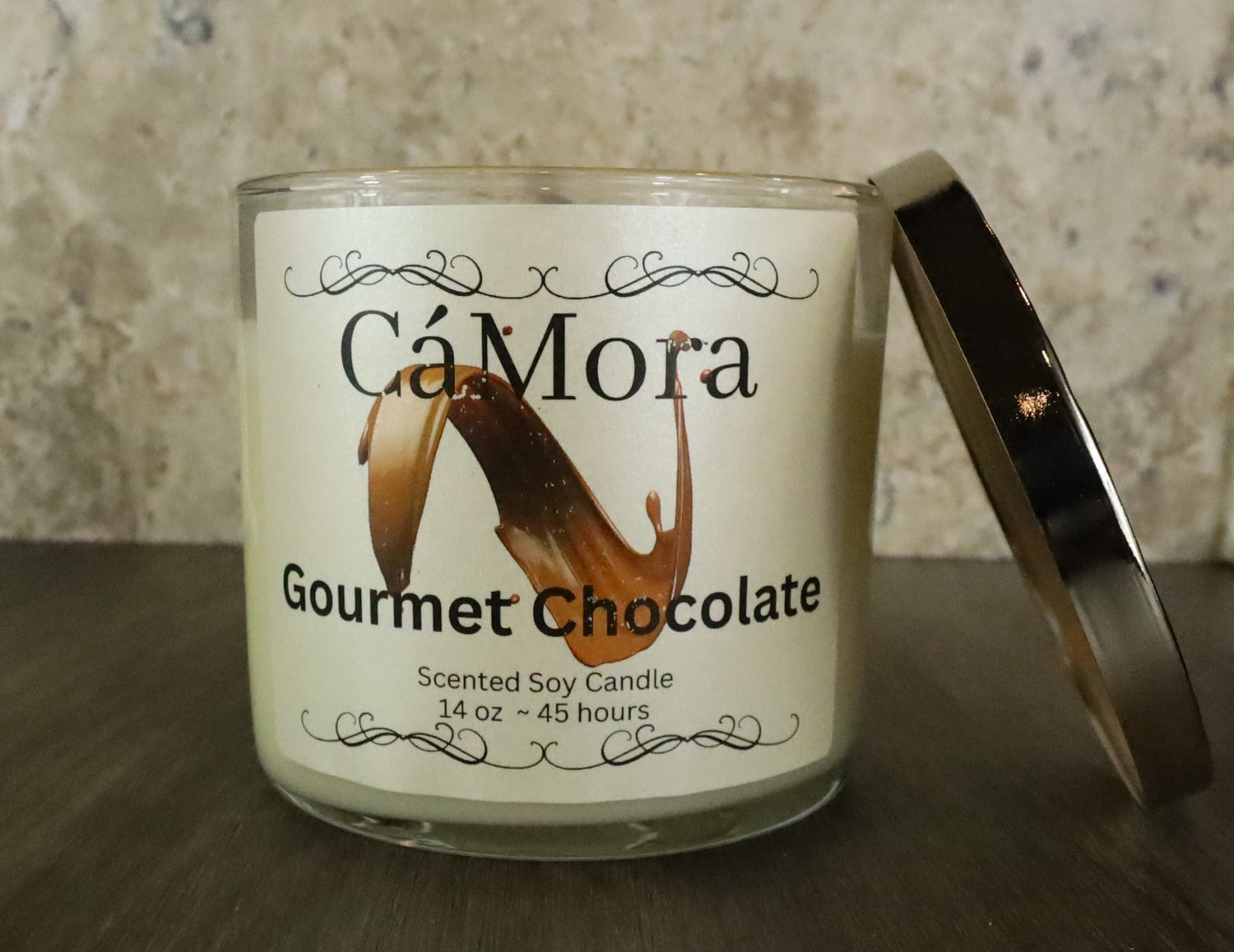 Gourmet Chocolate soy candle with a 45 hour clean burn.  Candles by Ca'Mora.