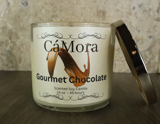 Gourmet Chocolate soy candle with a 45 hour clean burn.  Candles by Ca'Mora.