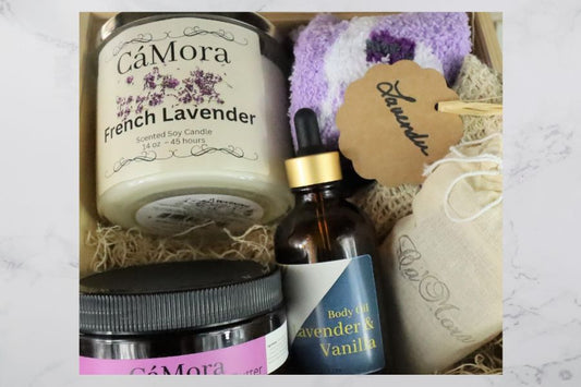 Ca'Mora products made with lavender.  Gift box of body butter and body oil
