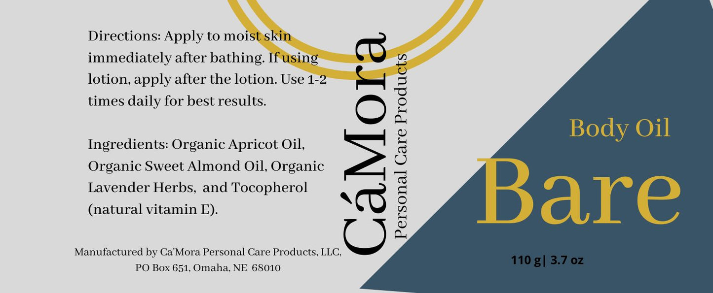 Bare, Ca'Mora Organic Body Oil Product label