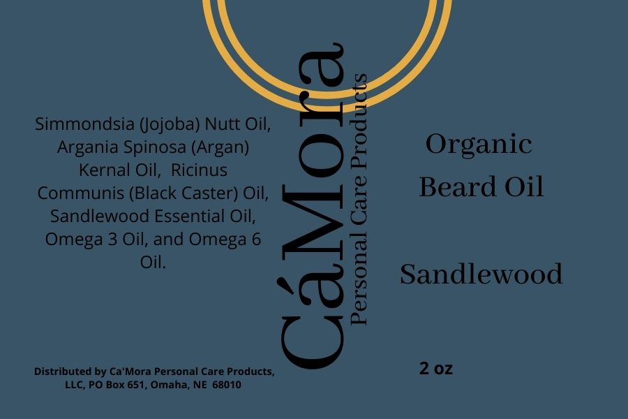 Sandlewood organic beard oil product label and ingredients list