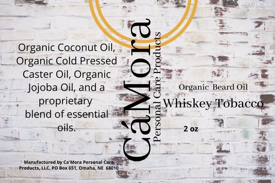 Whiskey tobacco organic beard oil product label and  ingredients list