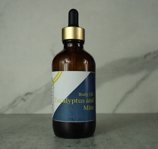 Eucalyptus mint organic aromatherapy body oil, 4 ounce bottle, infused with organic eucalyptus and mint leaves.