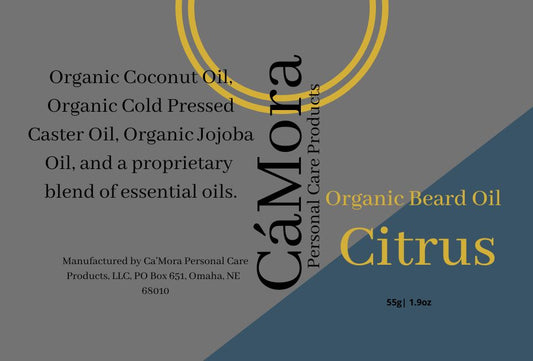 Ca'Mora citrus organic beard oil with ingredients.