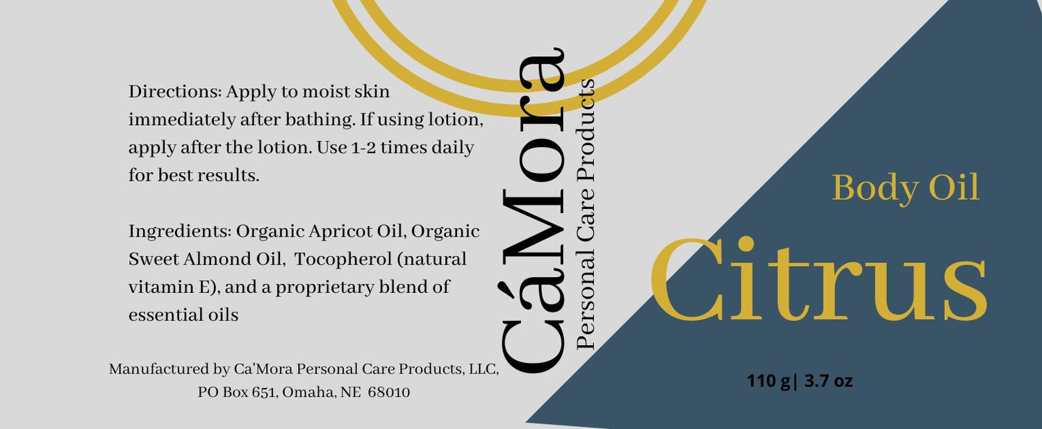 Organic citrus body oil product label including ingredients and directions.