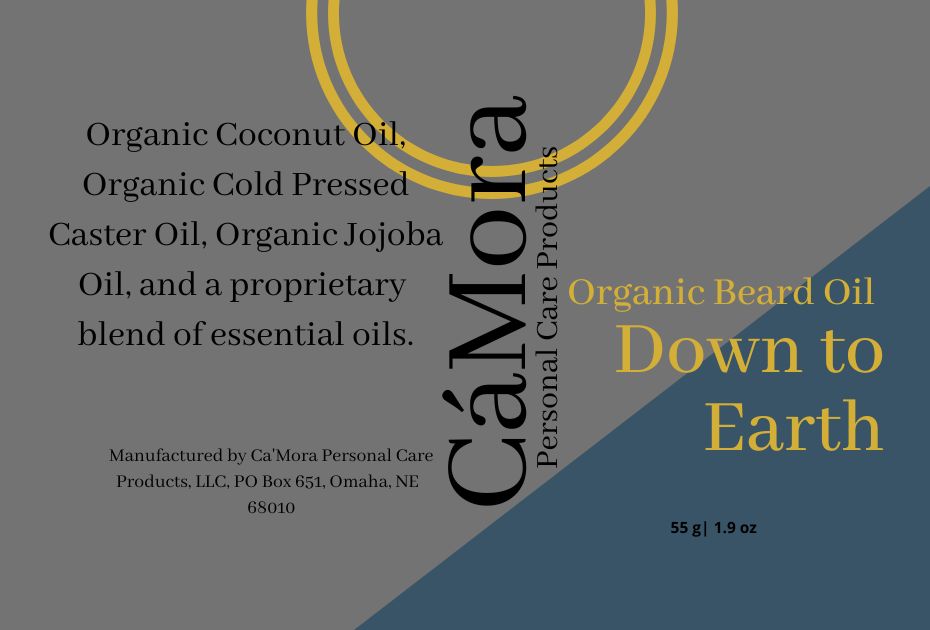 Ca'Mora Down to earth organic beard oil product label with ingredients.