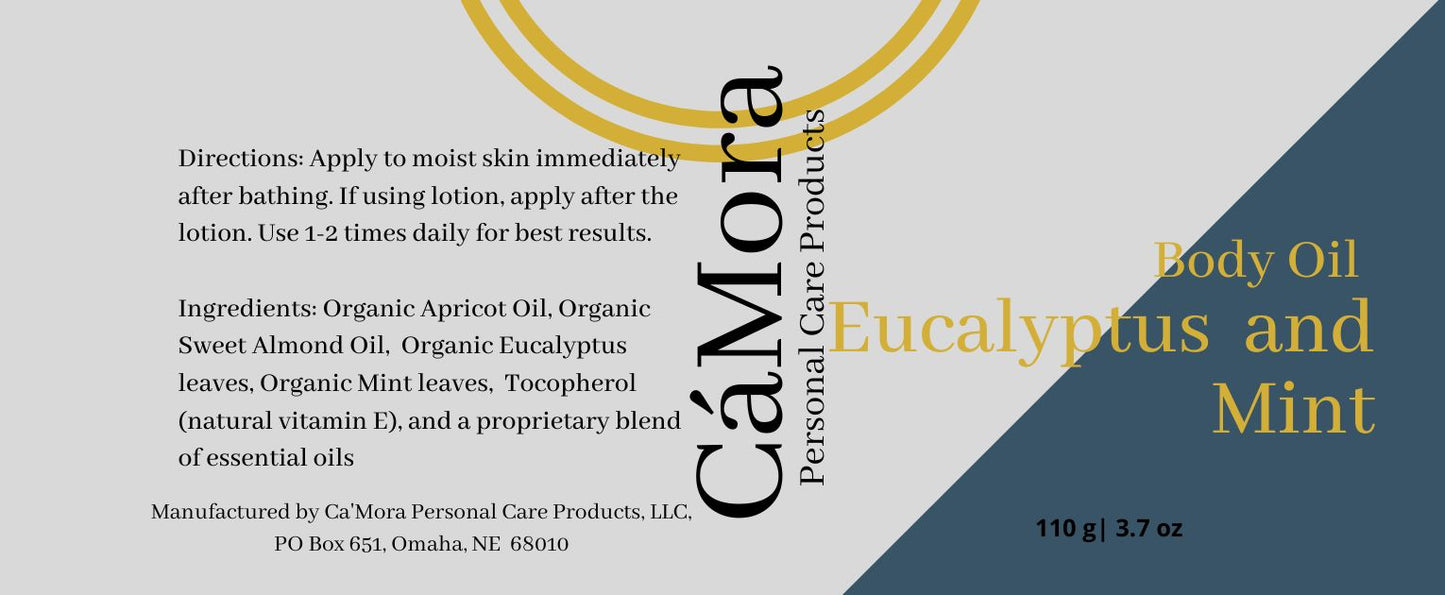 Eucalyptus and mint  organic body oil product label including directions and ingredients.