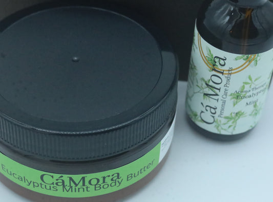 The Eucalyptus Mint Body Butter drenches your skin in moisture. Included is our Eucalyptus Mint Body Oil.  Ingredients: Organic Apricot Oil, Organic Sweet Almond Oil, Organic Jojoba Oil, Organic Olive Oil, Organic Eucalyptus and Mint leaves, and a proprietary blend of essential oils.  Eucalyptus Mint Body Butter included.