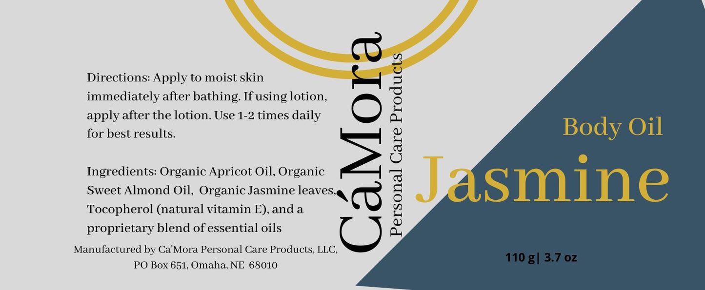 Ca'Mora Organic Jasmine Body Oil product label including ingredients and directions.