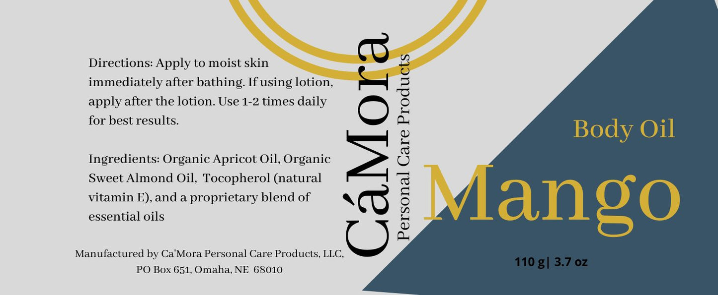 Ca'Mora Organic Mango Body Oil product label including ingredients and directions.