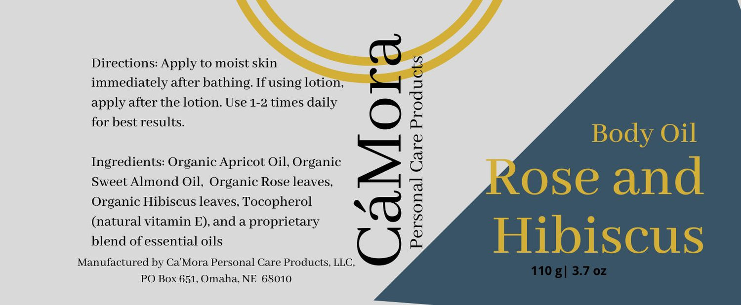 Ca'Mora Rose and Hibiscus body oil product label including ingredients and directions.