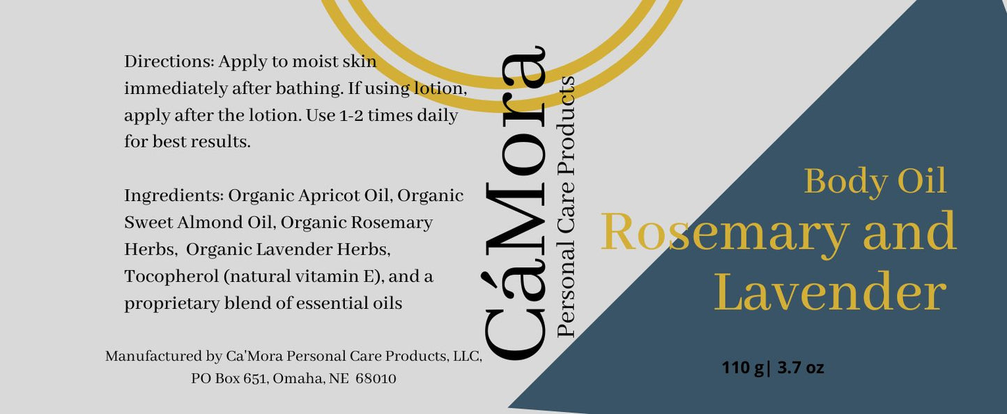 Ca'Mora organic Rosemary and lavender body oil product label including directions and ingredients.
