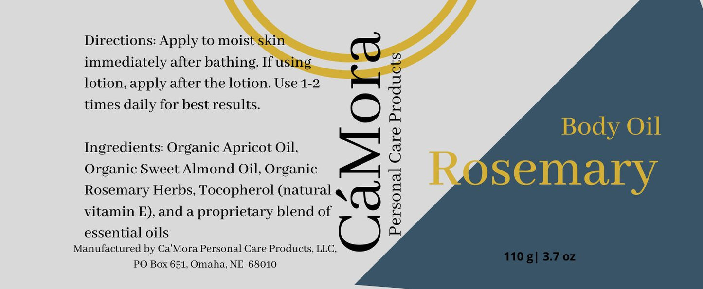 Ca'Mora Organic Rosemary Body Oil product label including ingredients and directions for use.