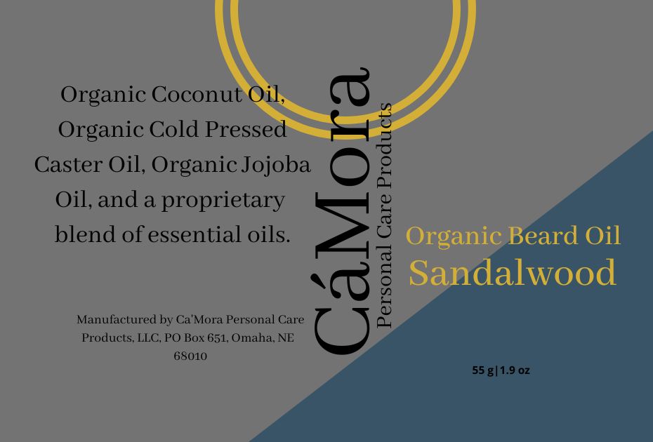 Ca'Mora Sandalwood organic beard oil with ingredients.