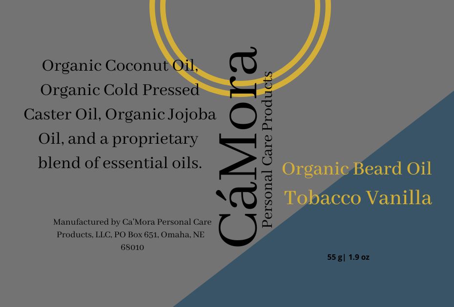 Ca'Mora tobacco vanilla organic beard oil with ingredients.