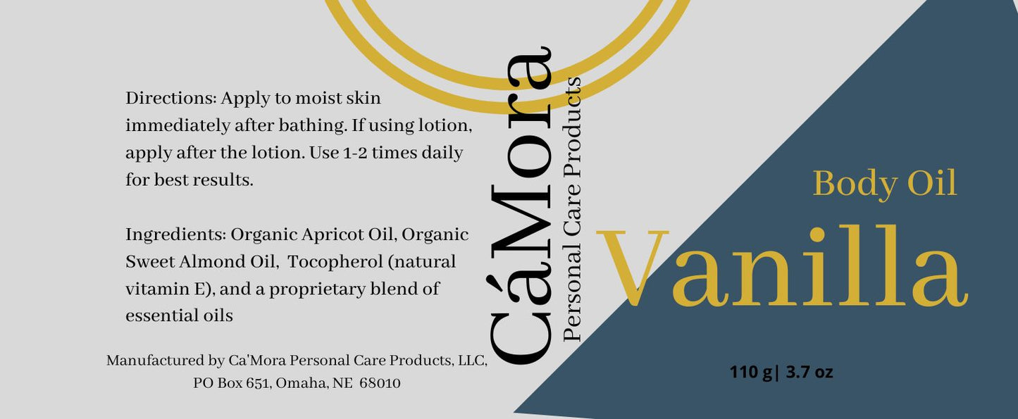 Organic Vanilla Body Oil product label including ingredients and directions.